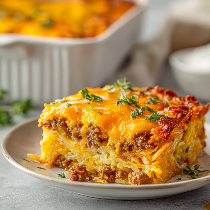 Sausage hashbrown casserole with melted cheese and savory sausage layers