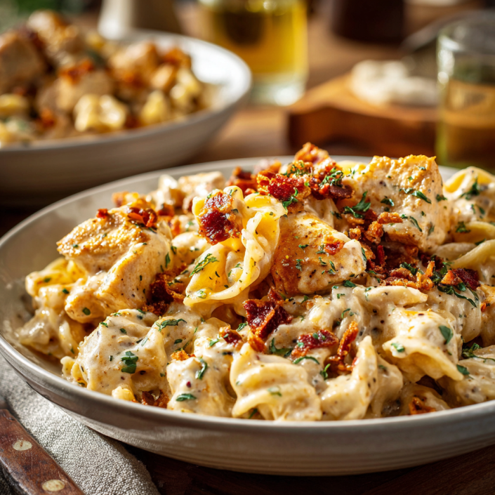 Chicken ranch pasta family comfort food recipe with creamy sauce and chicken