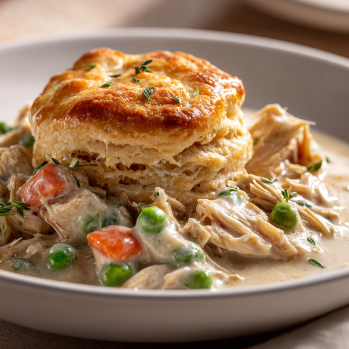 Creamy chicken pot pie filling with biscuit topping and vegetables
