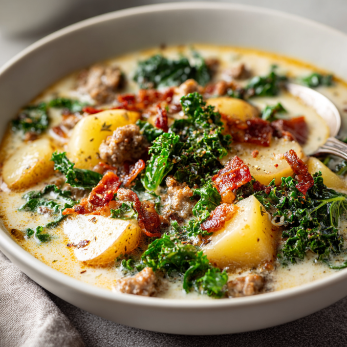 Copycat Zuppa Toscana soup with sausage, potatoes, bacon, and kale in a creamy broth