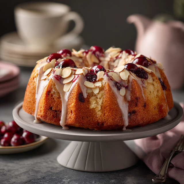 Cranberry almond bundt cake displayed as a holiday dessert centerpiece