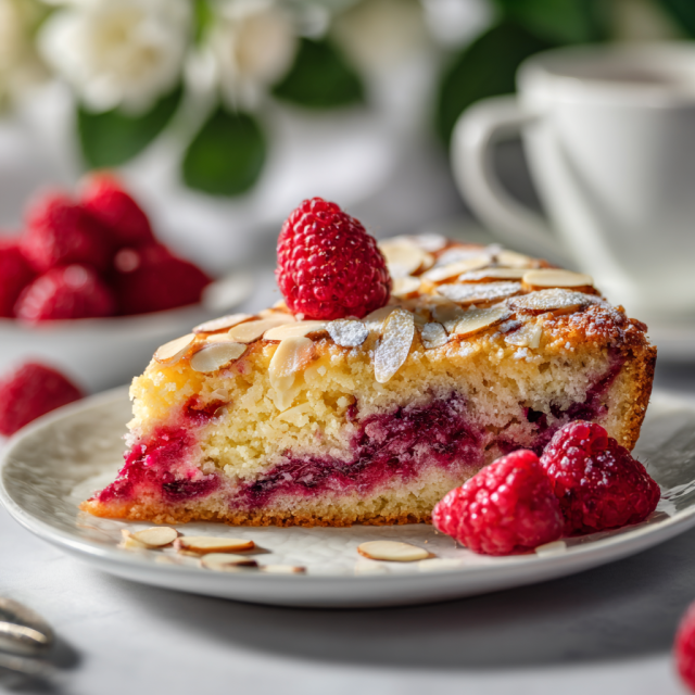 Raspberry almond dump cake with elegant presentation