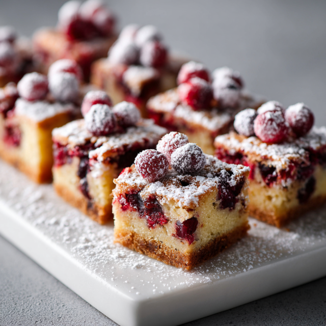 Cranberry cake bars arranged for holiday dessert serving